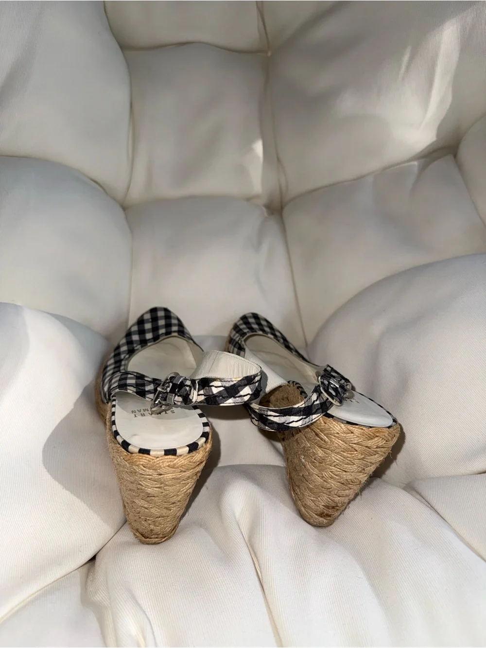 Stuart Weitzman Black & White Gingham Espadrille Wedge Slingbacks - Picture 4 of 7